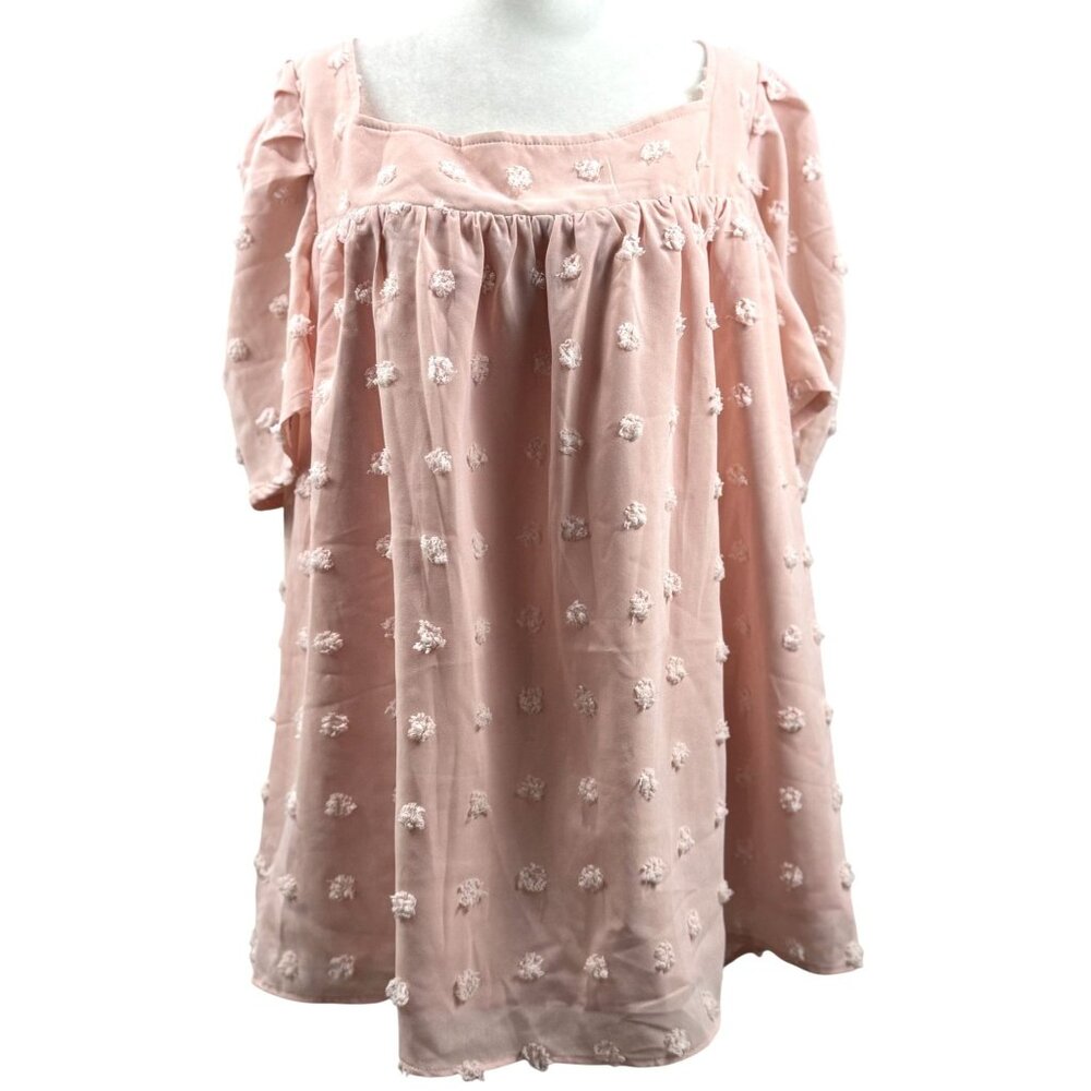 Francesca's Blouse Size 2 XL Chiffon Swiss Dot Puff Sleeve Top Light Pink Square